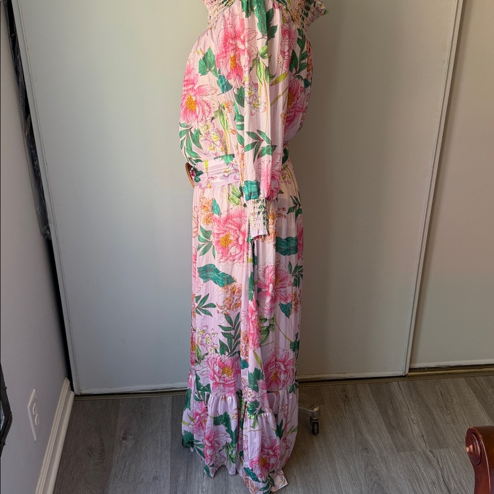 Floral Pink Maxi Dress with Belt Boston proper off the shoulder - Picture 5 of 8